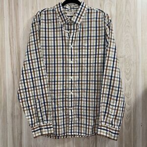 Dockers Shirt Mens XL Brown/Blue Plaid Long Sleeve Button Down Cotton Blend Work